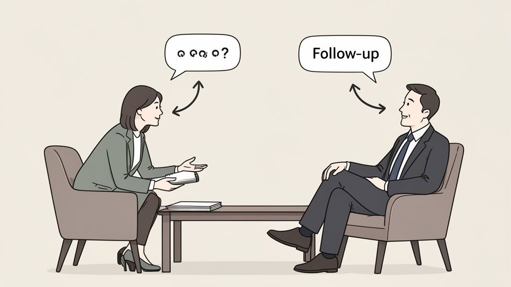 An illustration of a business meeting where a woman asks and a man considers a follow-up.