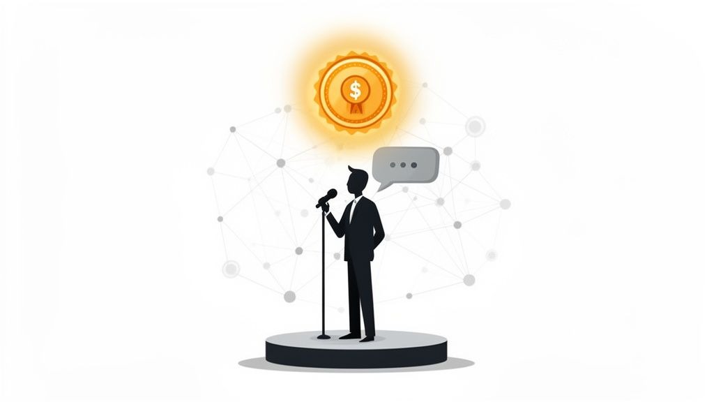 Silhouette speaker with microphone on stage, a golden dollar medal and network background.