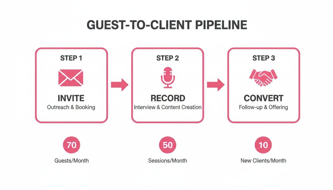 Guest-to-client pipeline showing invite, record, and convert steps with monthly metrics.