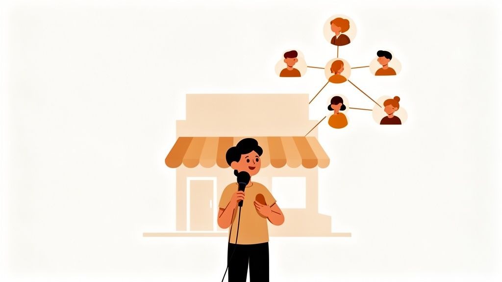 A person with a microphone stands before a storefront, connected to a network of diverse people.