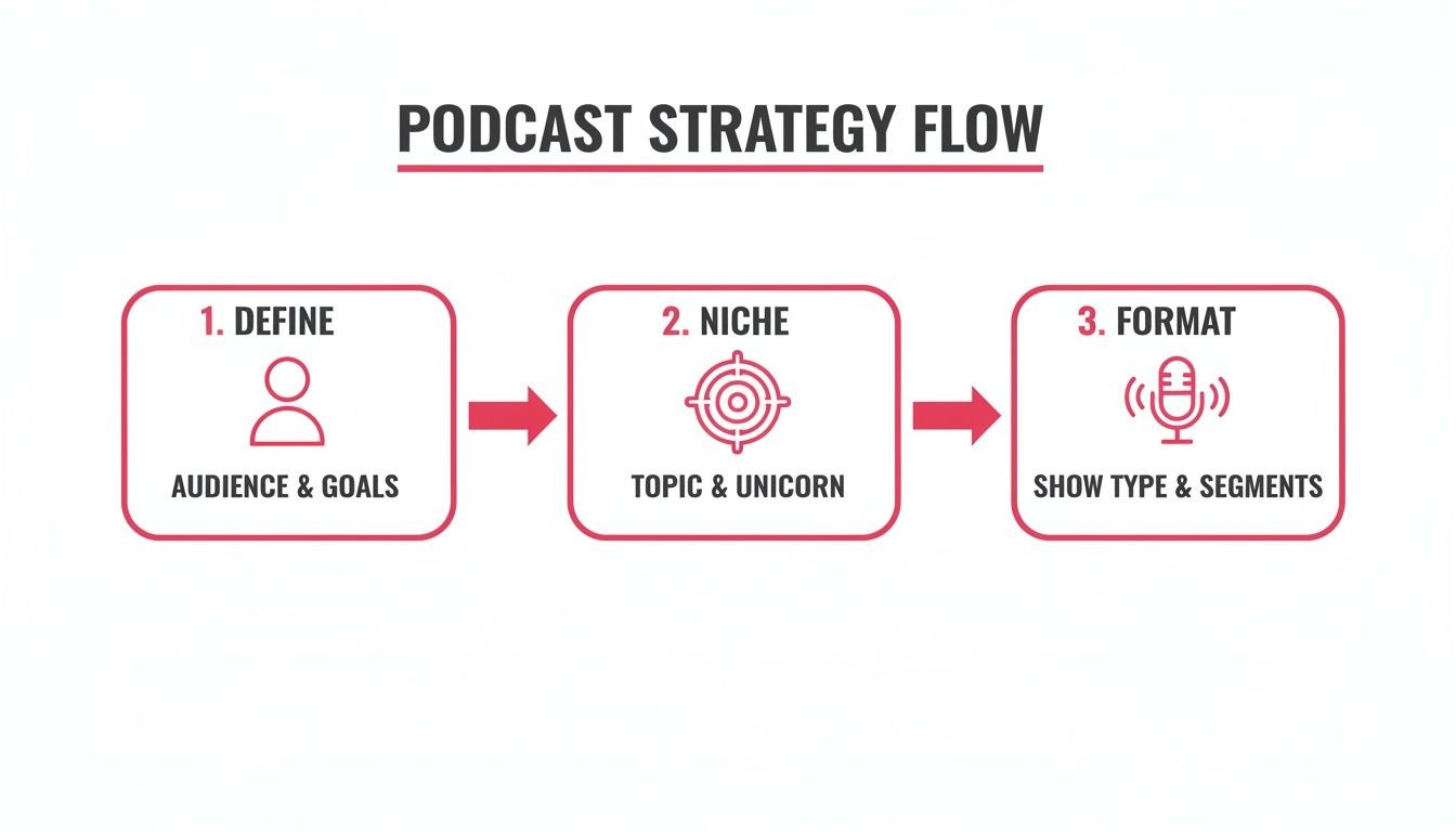 A flowchart showing the three-step podcast strategy: Define audience, Niche topic, and Format show.