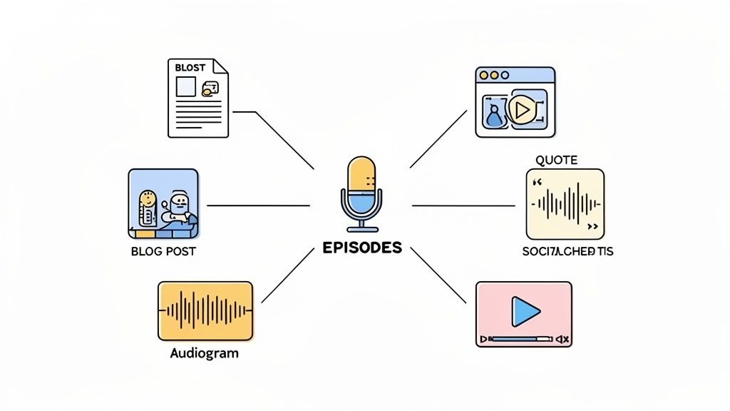 A diagram showing podcast episodes at the center, linked to various content formats like blog posts, audiograms, and social media.