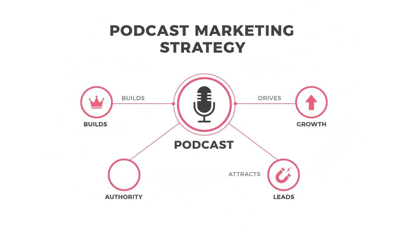 Infographic showing a podcast marketing strategy, highlighting how podcasts build authority, drive growth, and attract leads.