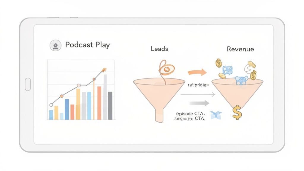 Digital marketing concept on a tablet, showing podcast analytics and lead generation to revenue funnel.