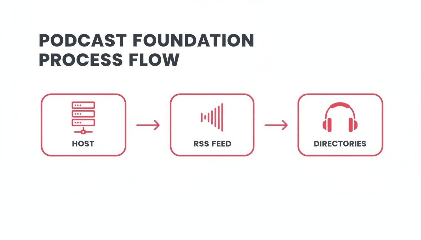 Flowchart showing the podcast foundation process from host to RSS feed and directories.