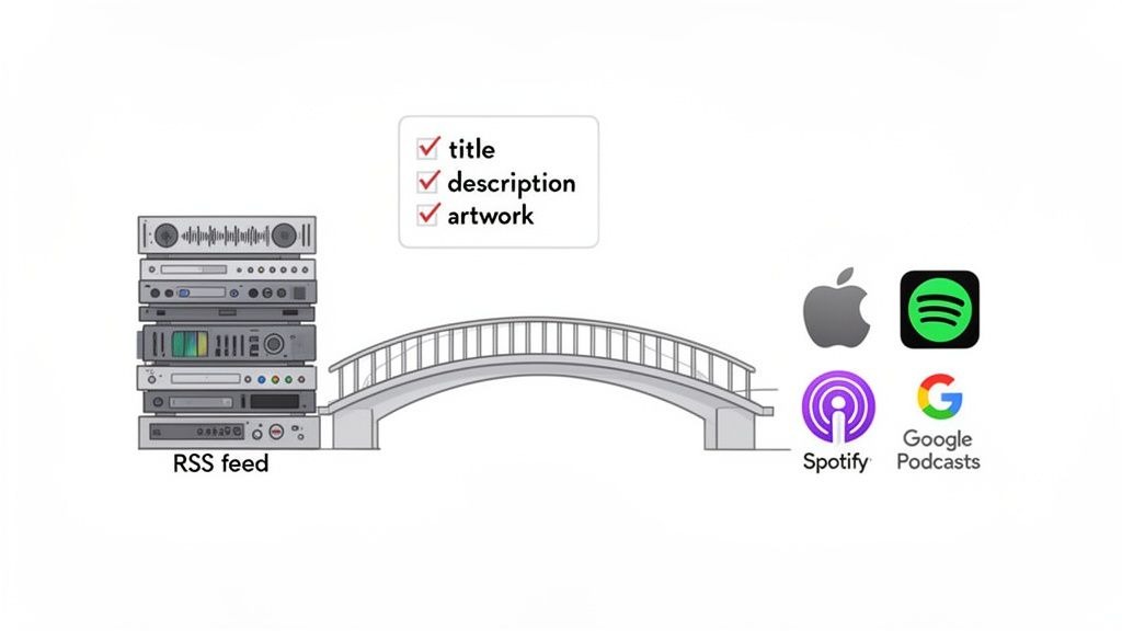 Podcast distribution diagram: RSS feed sends title, description, and artwork to major platforms like Apple, Spotify, and Google.