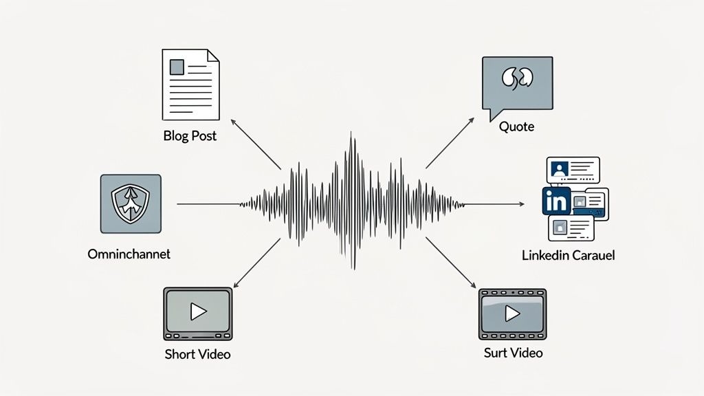 Diagram showing audio content being repurposed into blog posts, short videos, quotes, and LinkedIn carousels for omnichannel distribution.