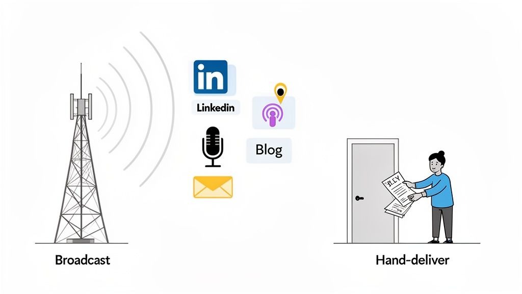 Illustration showing content distribution methods: digital broadcast via tower and platforms, contrasted with a person hand-delivering physical papers.