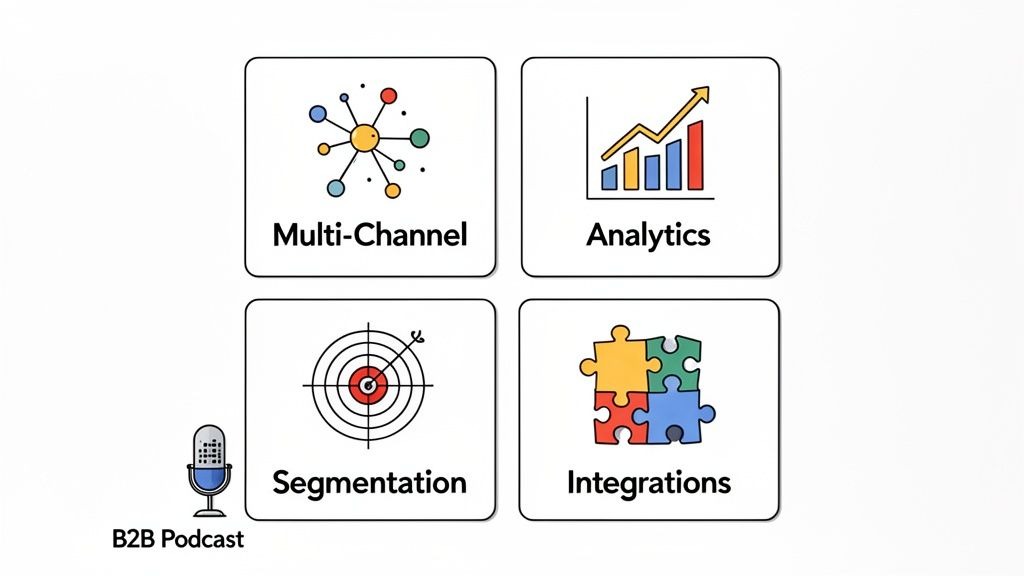 Four business concepts: Multi-Channel, Analytics, Segmentation, and Integrations for a B2B podcast.