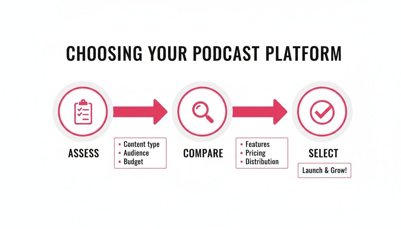 Flowchart outlining the steps to choose a podcast platform: assess, compare, and select.