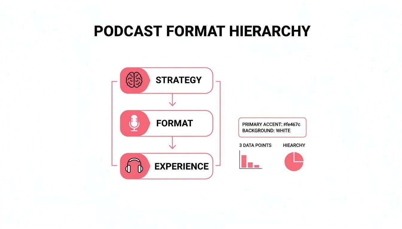 A hierarchy diagram illustrating podcast development: Strategy, Format, and Experience, with respective icons.
