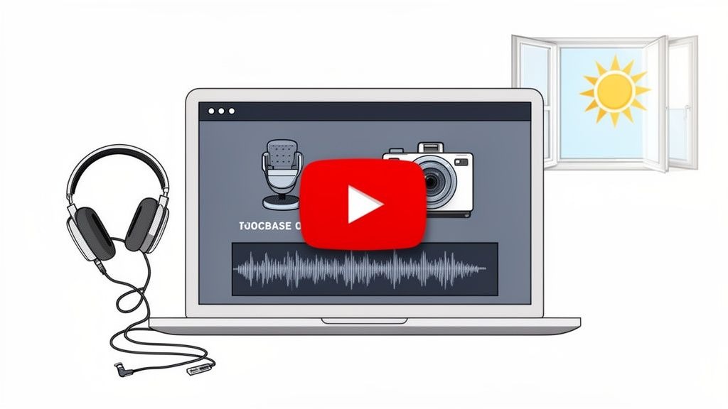A laptop displays content creation software with a microphone, camera, YouTube button, and audio waveform, alongside headphones and a sunny window.