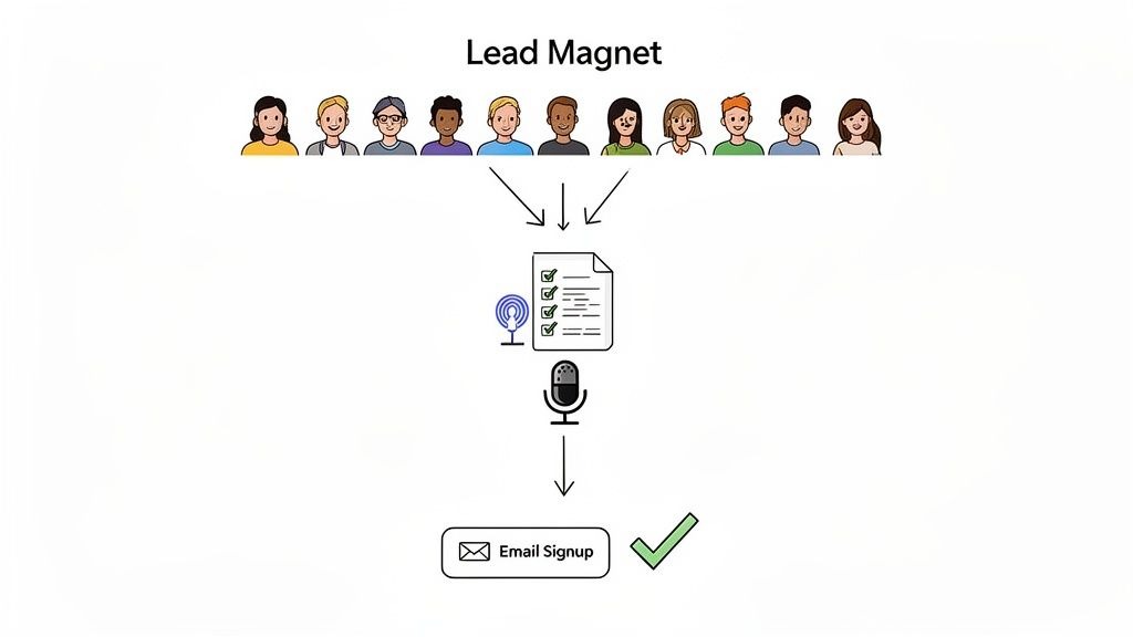 Illustration showing diverse people engaging with lead magnets like checklists and podcasts, leading to email signup.