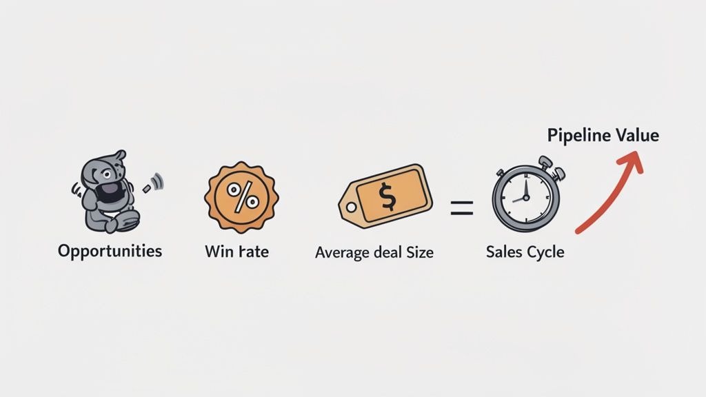 Illustration showing the sales pipeline value formula with opportunities, win rate, average deal size, and sales cycle.
