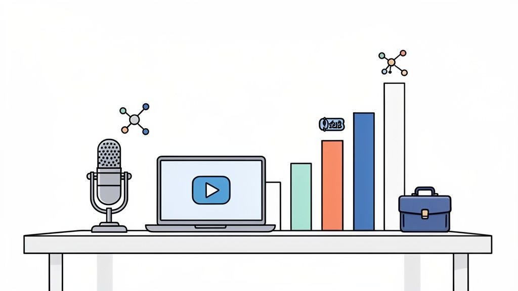 An illustration of a video podcast setup with a microphone, laptop, and business growth metrics.