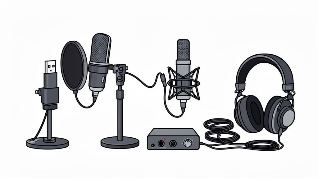 A complete professional video podcast setup with two microphones, headphones, and an audio interface.