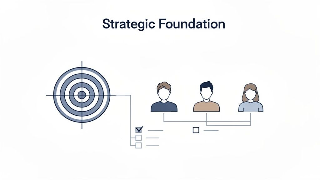 Illustration showing a strategic foundation with a target, a checklist, and three team members.