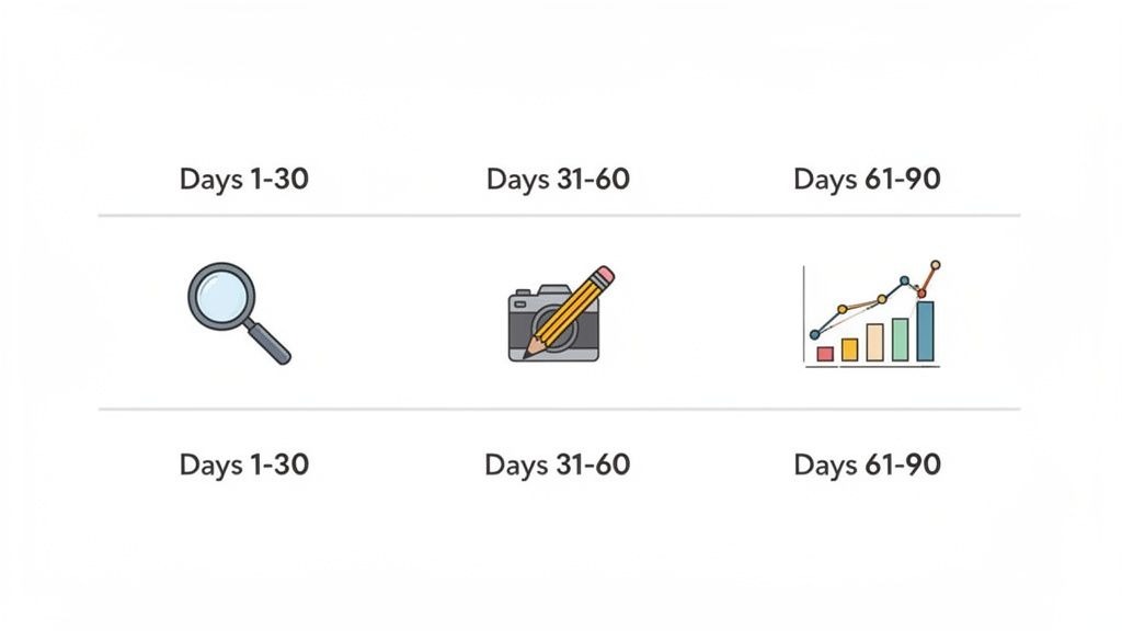 A visual timeline showing three phases: research, content creation, and performance analysis, each lasting 30 days.