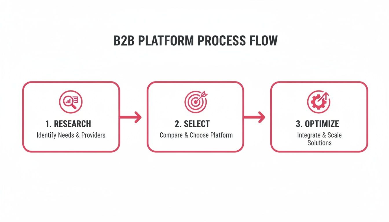A B2B platform process flow illustrating three key steps: Research, Select, and Optimize solutions.