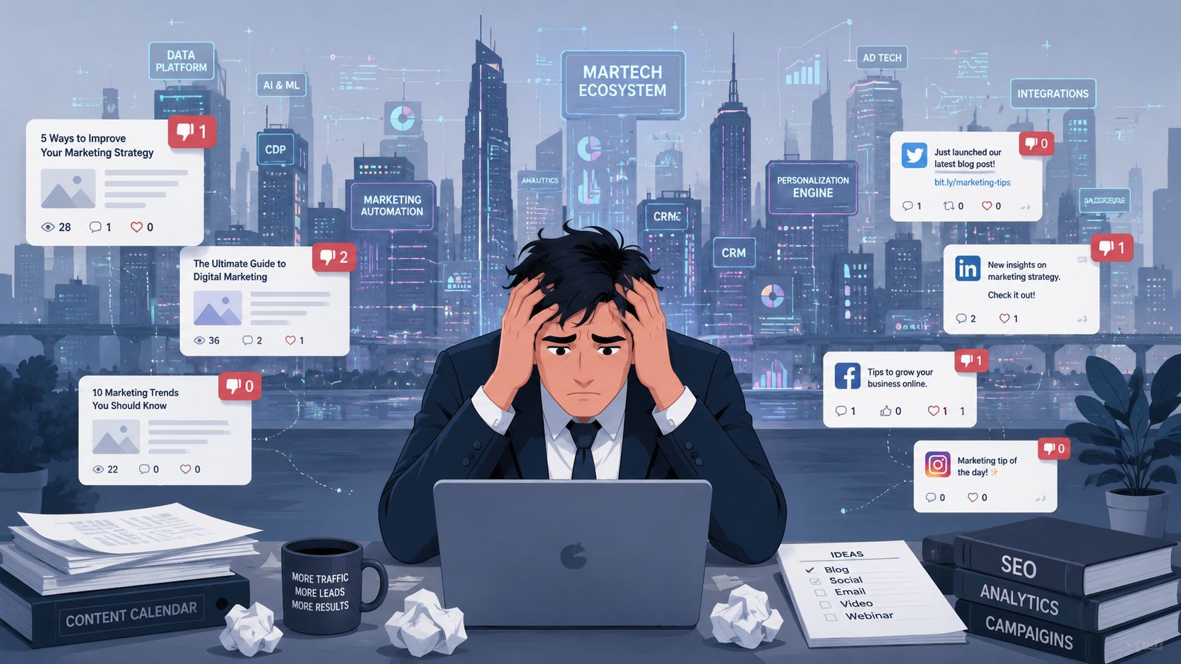 A stressed businessman sits at his desk surrounded by overwhelming digital marketing notifications and complex martech ecosystem tools.
