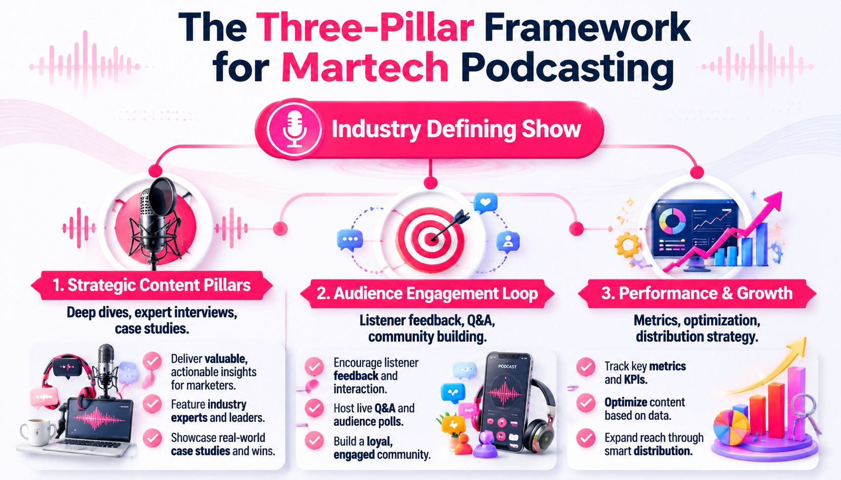 A visual infographic titled The Three-Pillar Framework for Martech Podcasting, explaining strategy, engagement, and growth metrics.