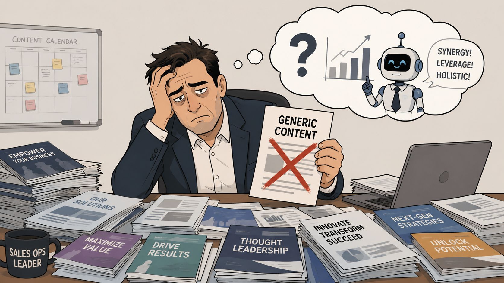 A stressed sales operations leader looking at piles of generic B2B marketing documents and thinking about AI.