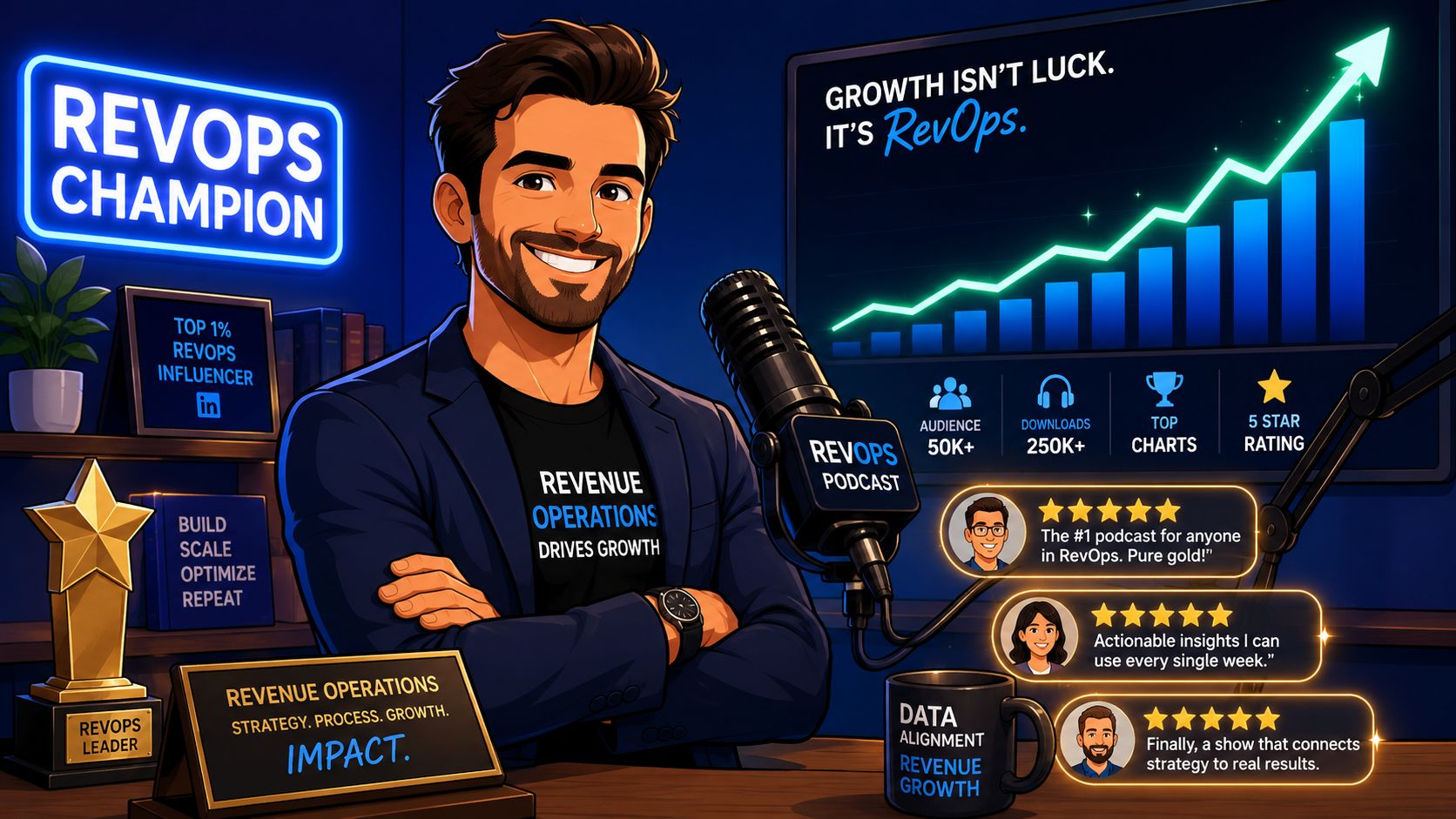 A professional RevOps podcast host smiling in a studio with charts and positive audience reviews displayed.