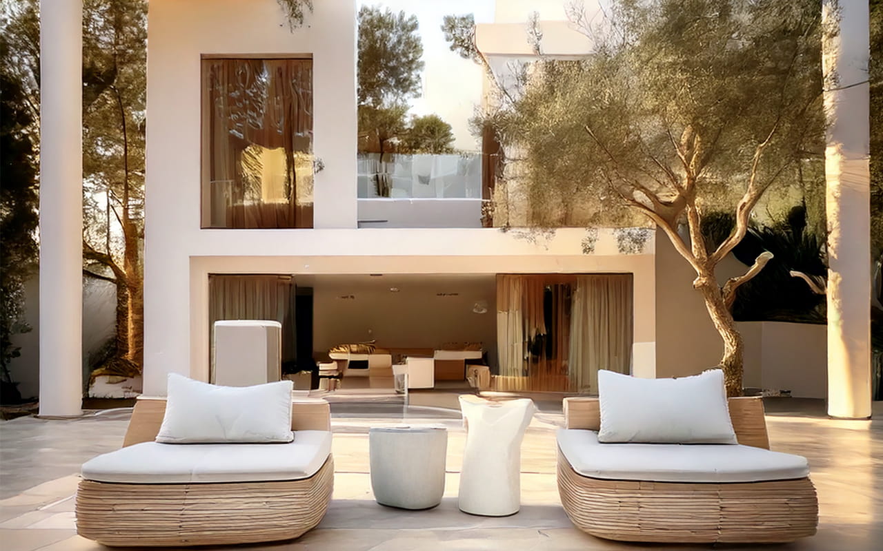 A pair of sunglasses with views of Ibiza