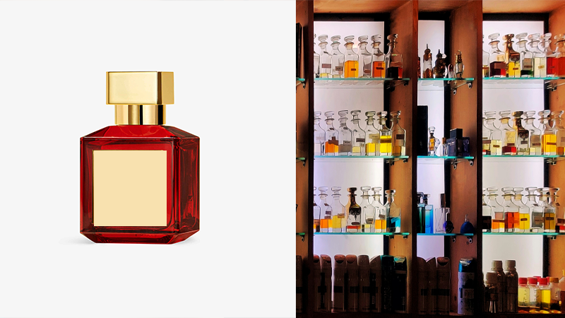 A picture of a designer perfume bottle and other designer perfume bottles next to it.
