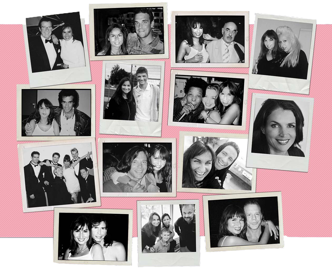 Collage of black-and-white Polaroid-style photos featuring various people smiling and posing together in casual and formal settings.