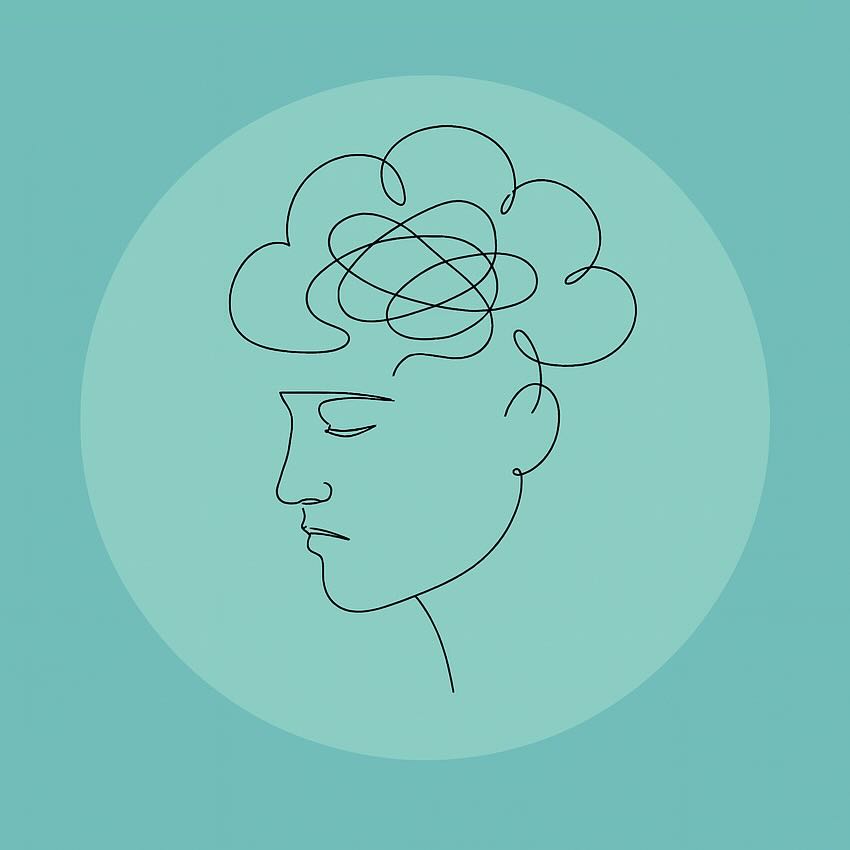 his image shows a simple, minimalistic line drawing of a human face in profile, looking downward with a calm but slightly serious expression. Above the head, where the brain would be, there’s a scribbled swirl of tangled lines — symbolizing stress, confusion, or overwhelming thoughts. The drawing is placed inside a large teal-colored circle, set against a teal background, giving it a soft, modern, and abstract look.