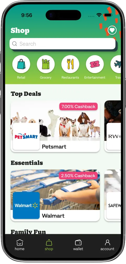 Mobile shopping app screen showing categories like Retail, Grocery, Restaurants, Entertainment, and Travel with cashback deals for Petsmart and Walmart.