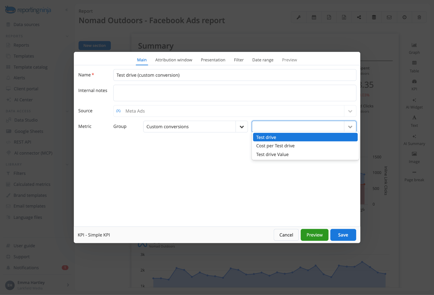 Facebook custom conversions' usage in Reporting Ninja