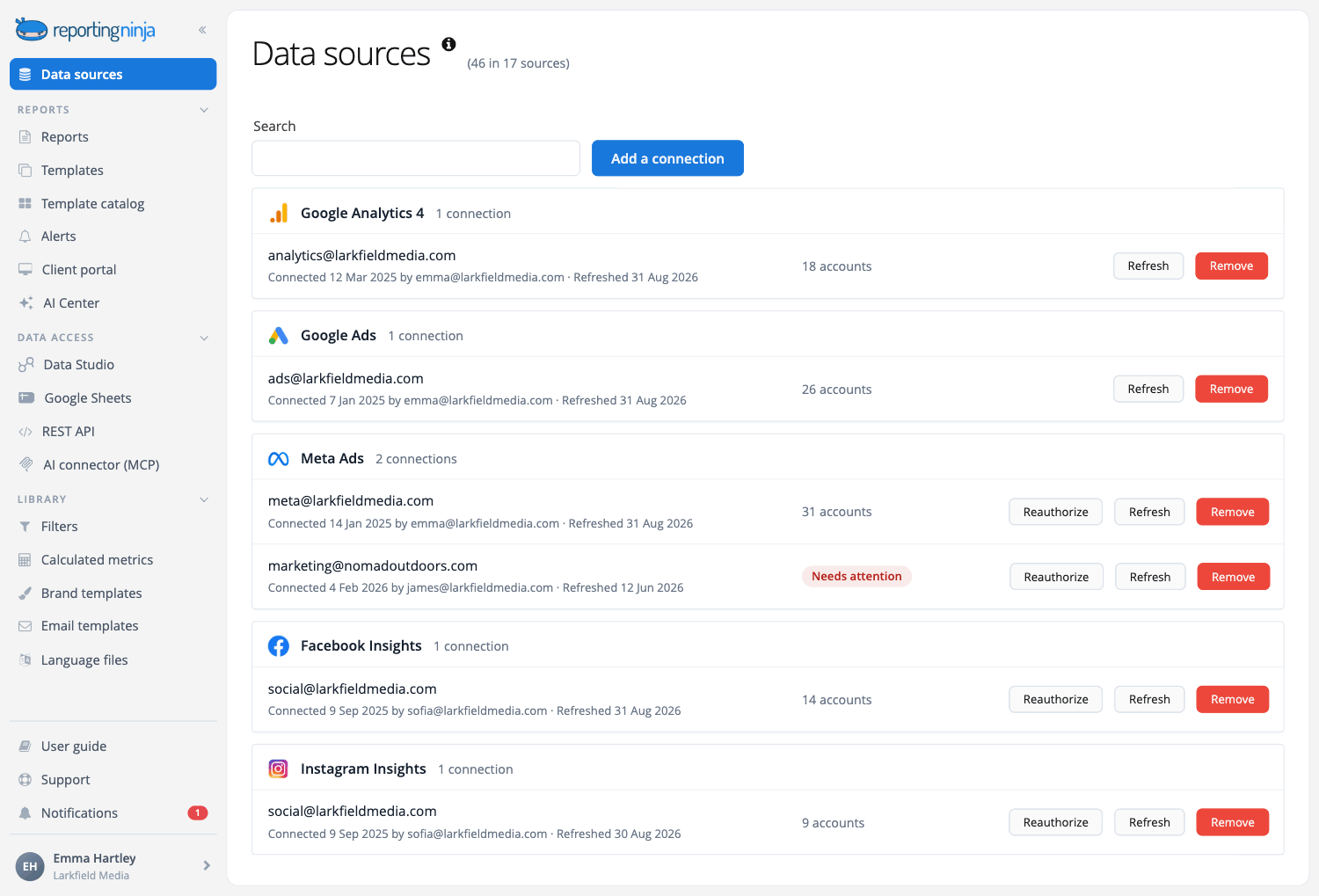 Data sources management in Reporting Ninja