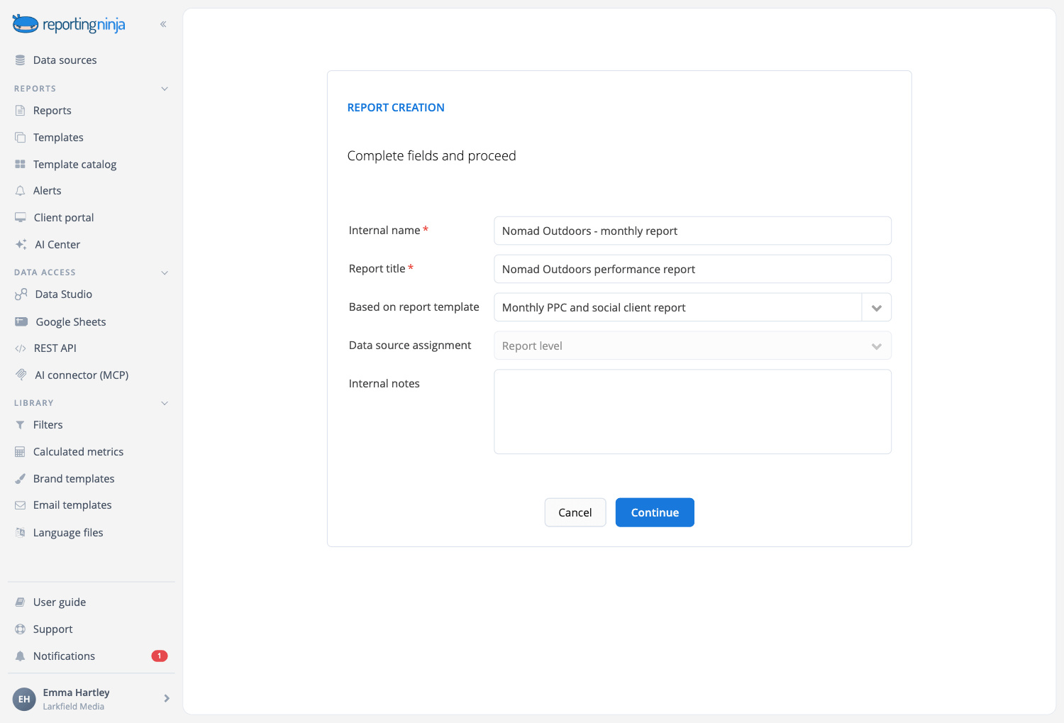 Report creation using a template in Reporting NInja