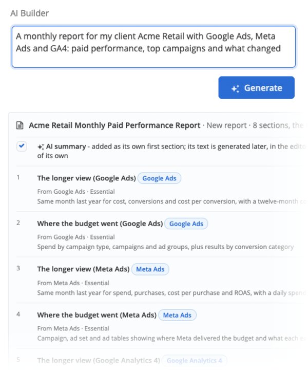 AI Builder: a one-sentence prompt and the proposed report sections