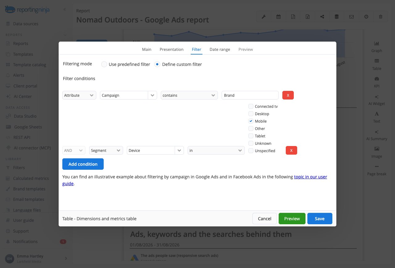 Filter settings of a Google Ads widget