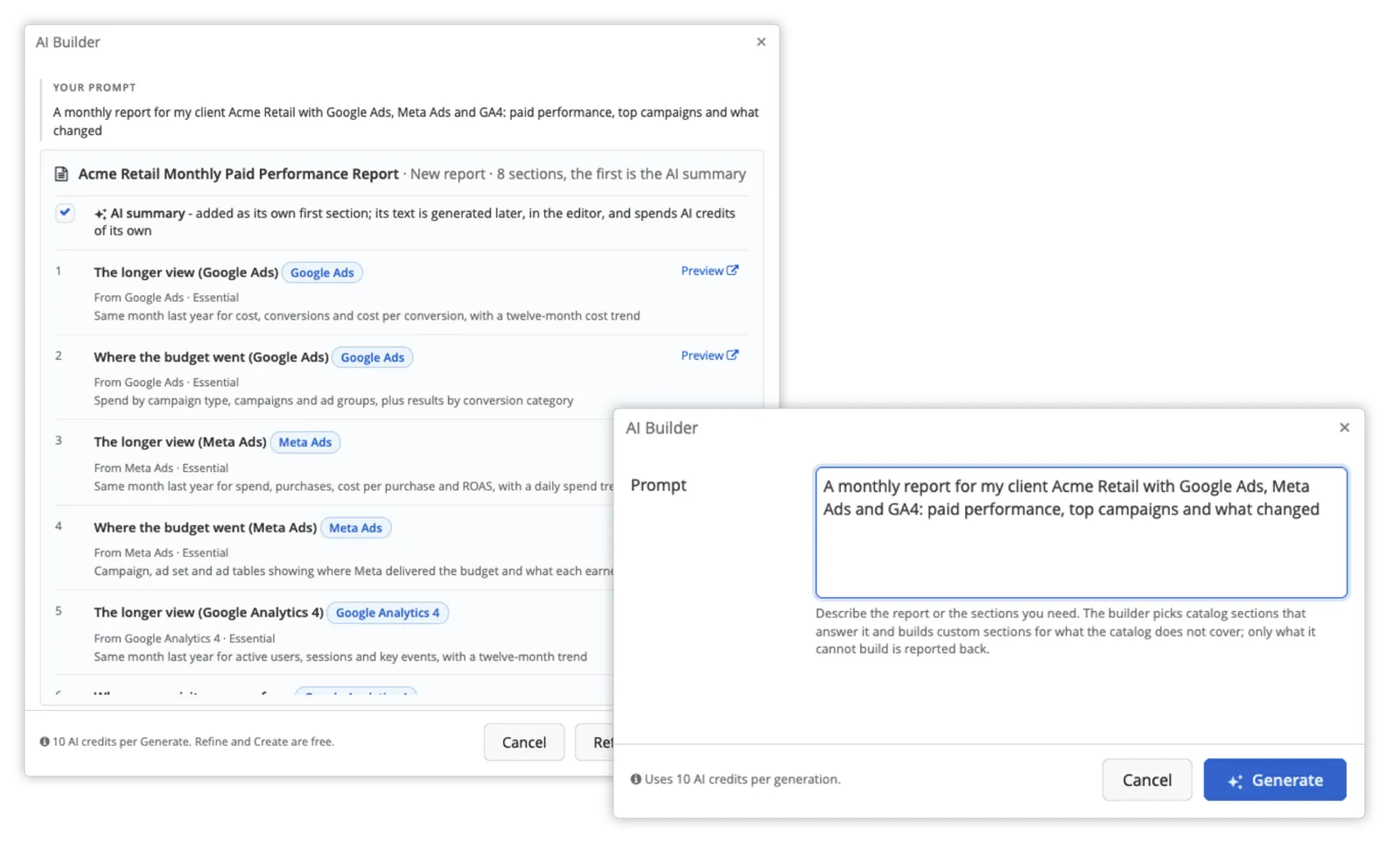 AI Builder turning a one-sentence prompt into a proposed report, then the finished report