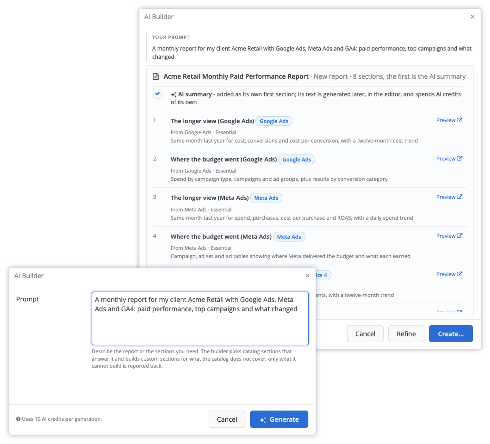 AI Builder proposal with the report's sections, widgets and sources, next to the prompt