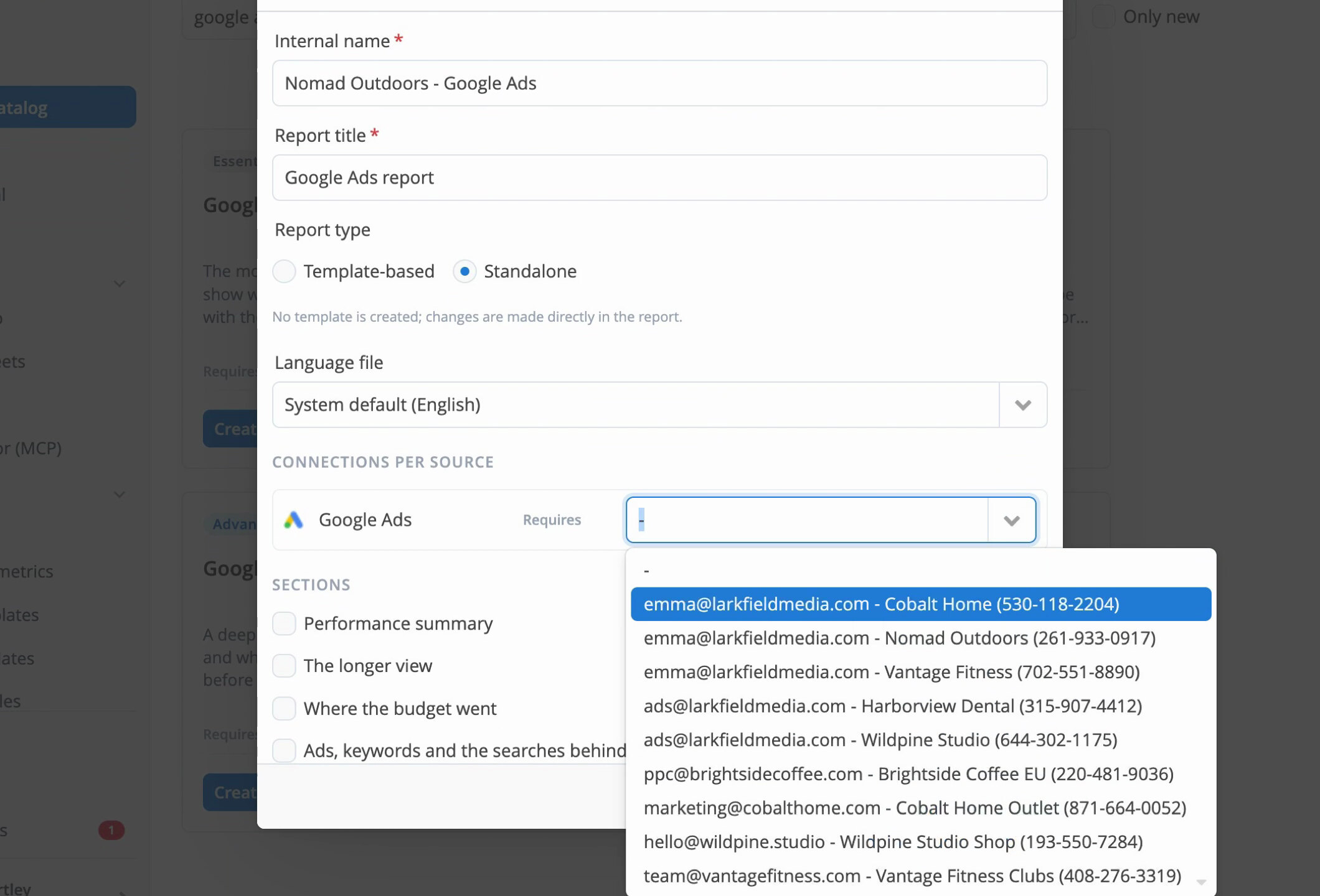 Creating a report from a template: choosing the Google Ads account and the sections to include