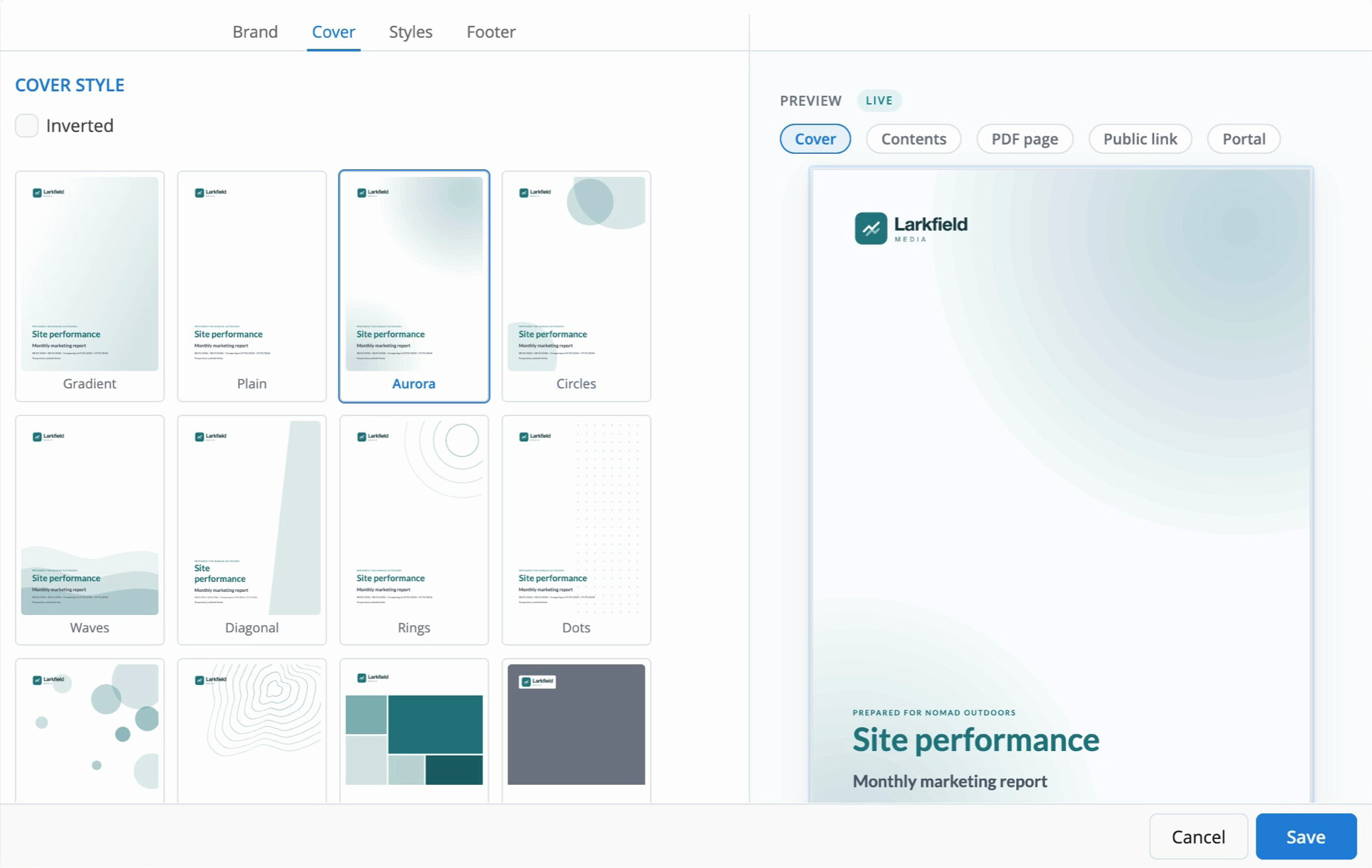 Brand template editor in Reporting Ninja: cover styles on the left and the live preview of the cover on the right