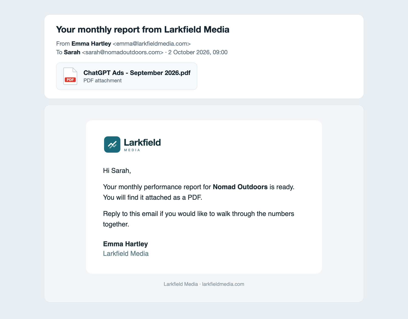 Scheduled report email sent with the agency's email template and the report attached as a PDF