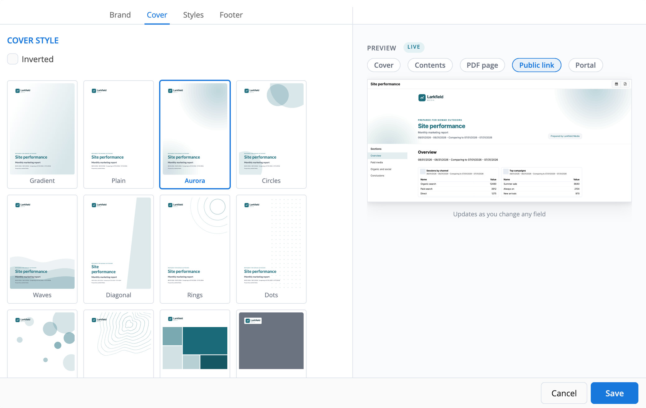 Live preview of the brand template as a public link