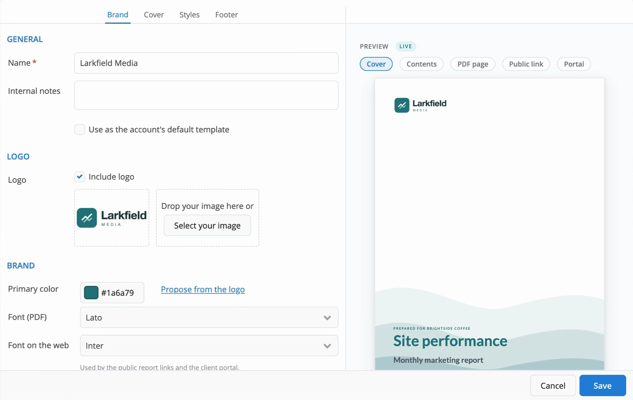 Brand template editor: the logo uploaded and the live preview of the cover