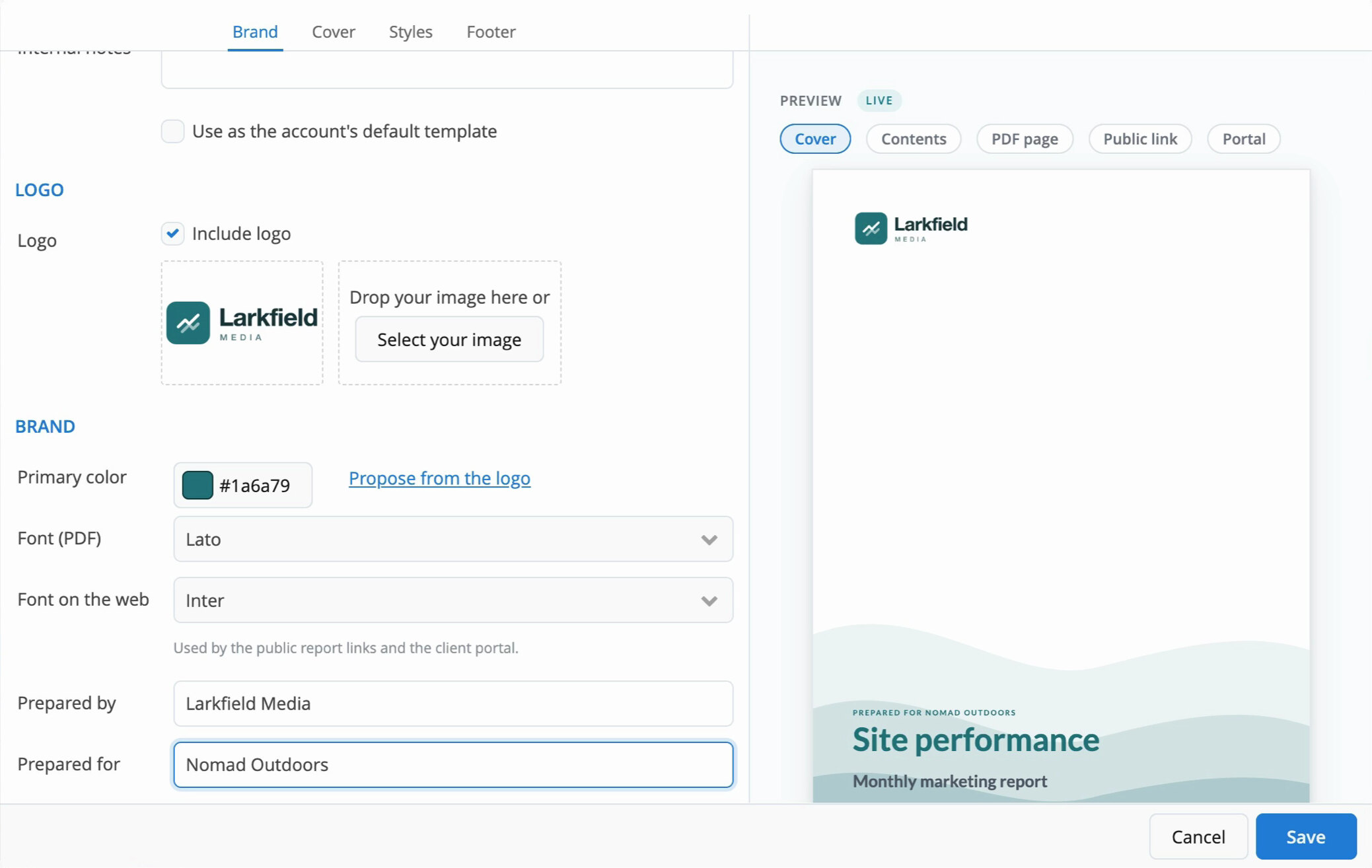 Brand template editor: primary colour, PDF and web fonts, and who the report is prepared by and for