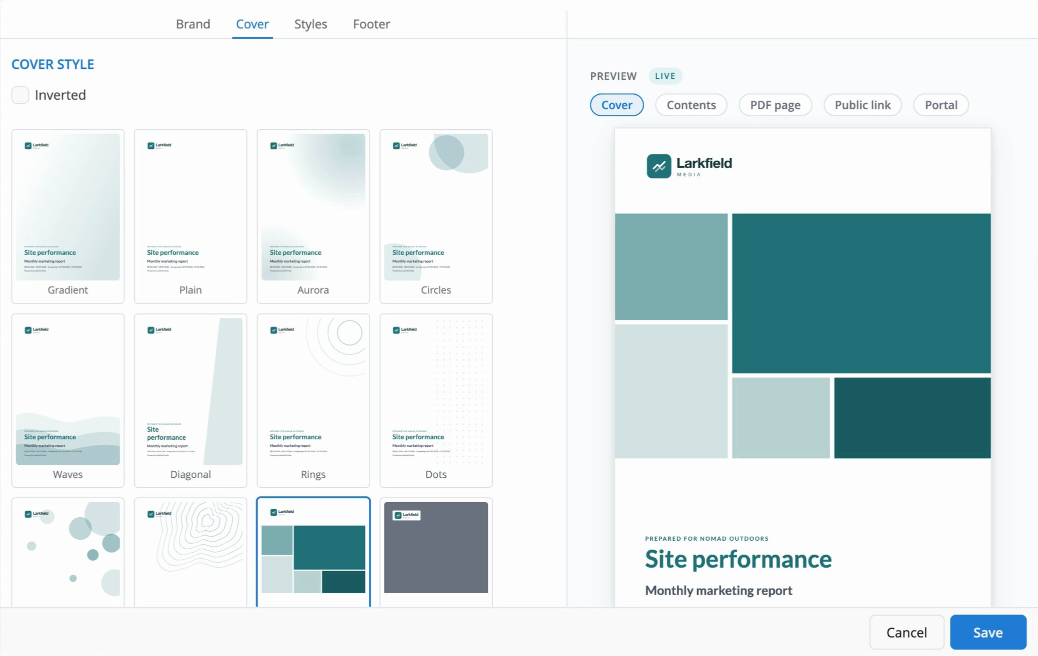 Choosing a cover style in the brand template editor, with the live preview
