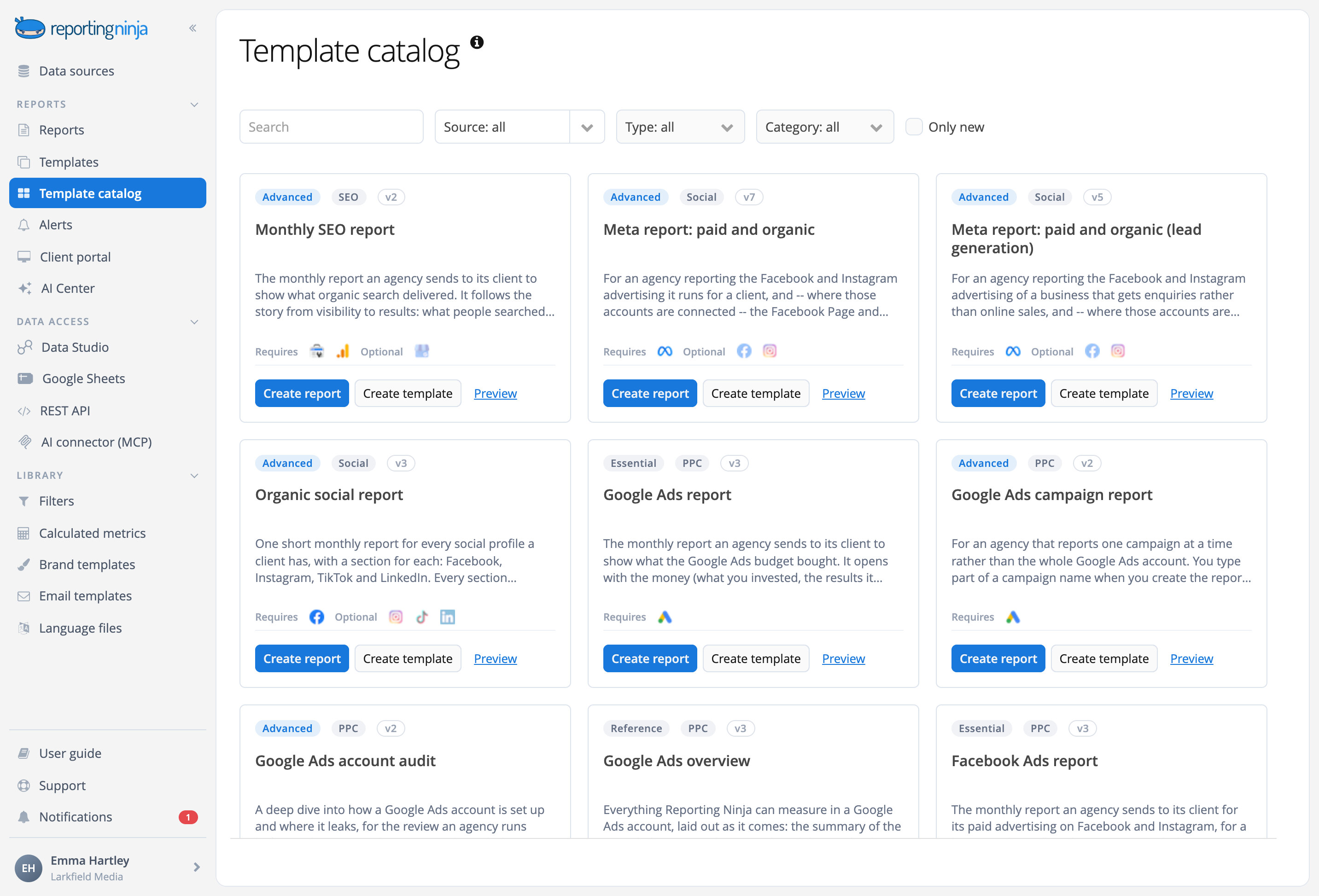 Reporting Ninja template catalog: ready-made client reports with their type, channel and the sources each one needs