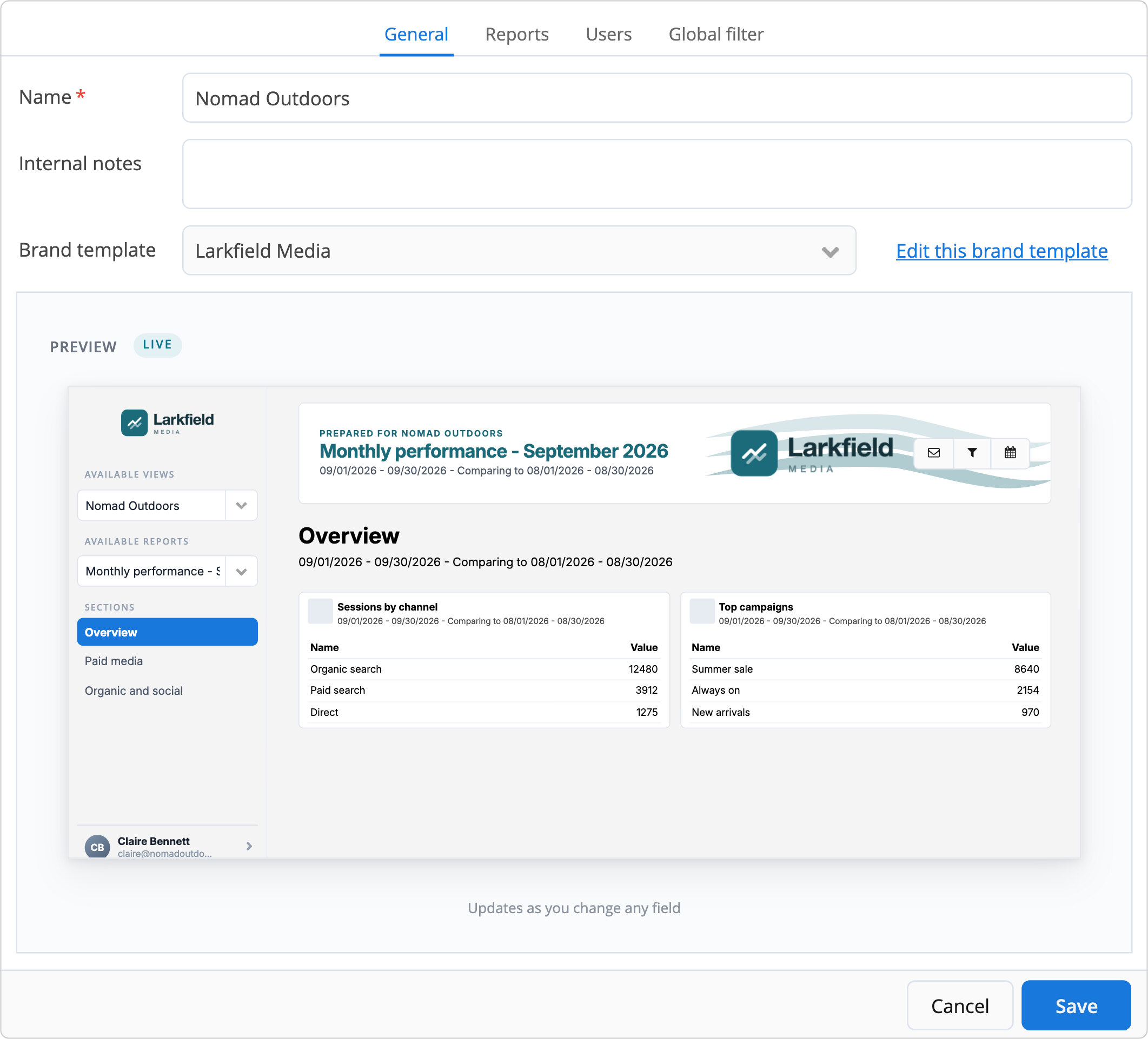 Client portal view settings: the brand template chosen for a client's portal, with the live preview of the portal