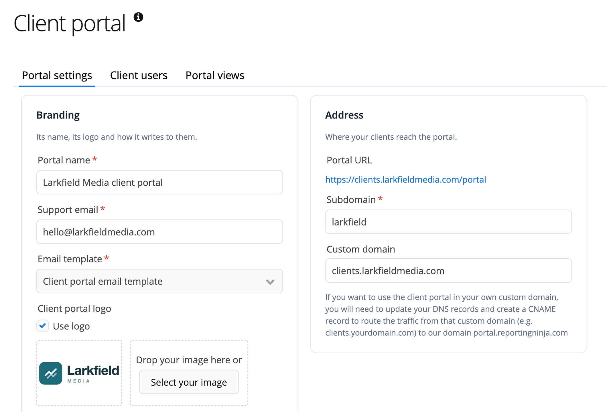 Client portal settings: the portal address with its subdomain and the agency's own custom domain