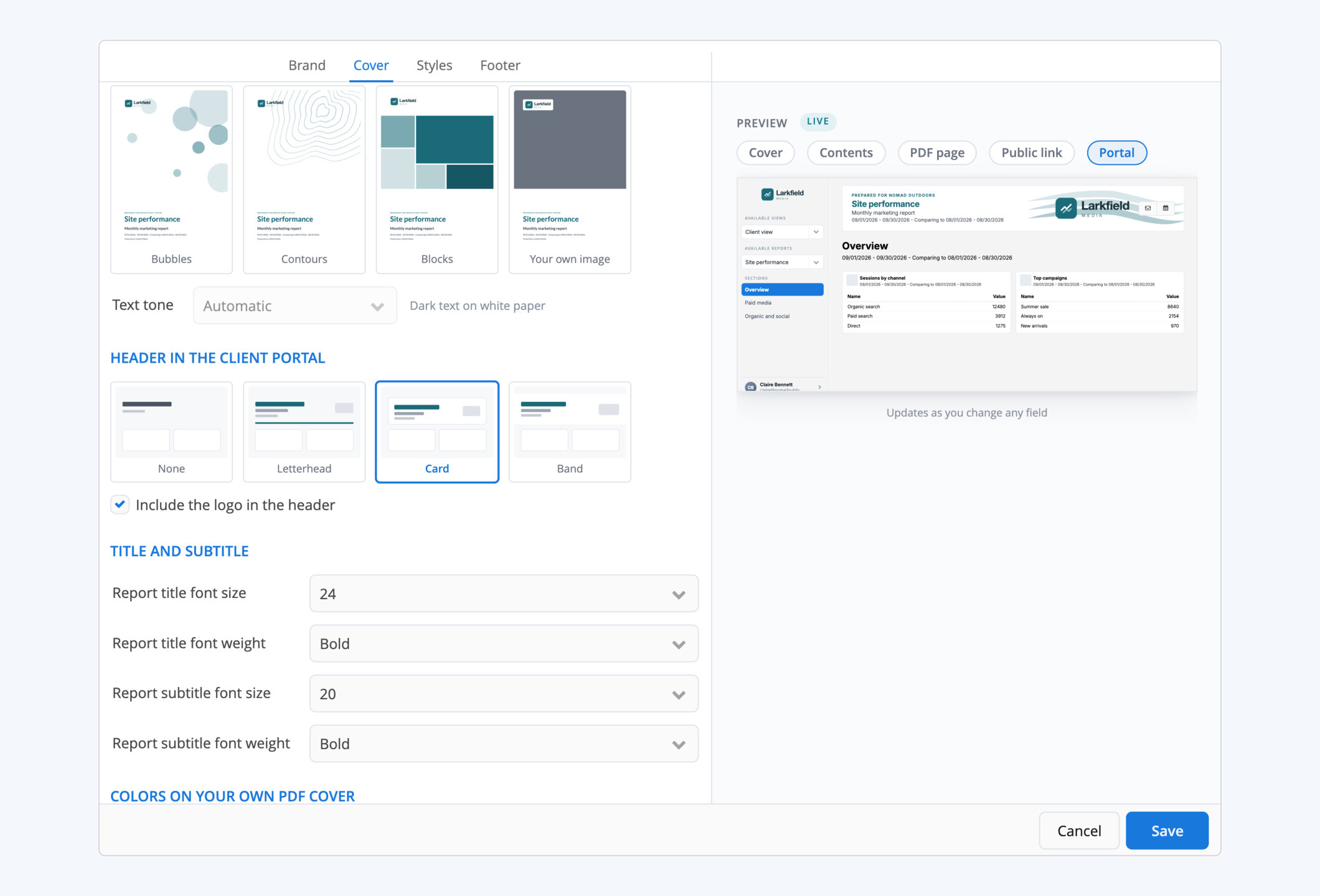 Brand template editor: choosing the header the client portal shows, with the live portal preview